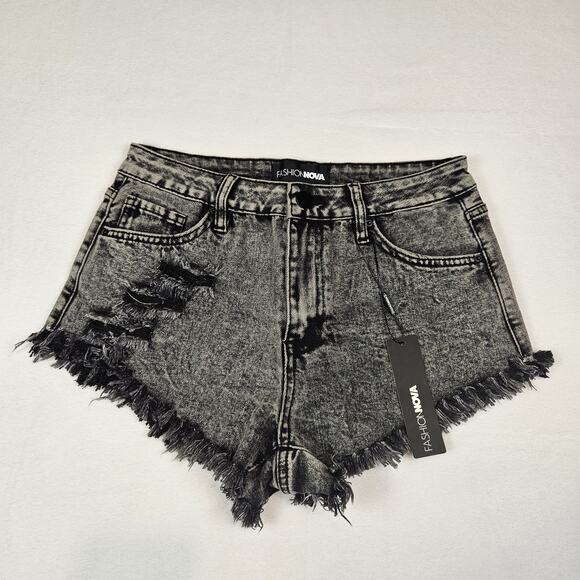 Fashion Nova Beach Party Cheeky Cut Off Denim Short Black Rip Jean Frayed Size 5 - Picture 4 of 14